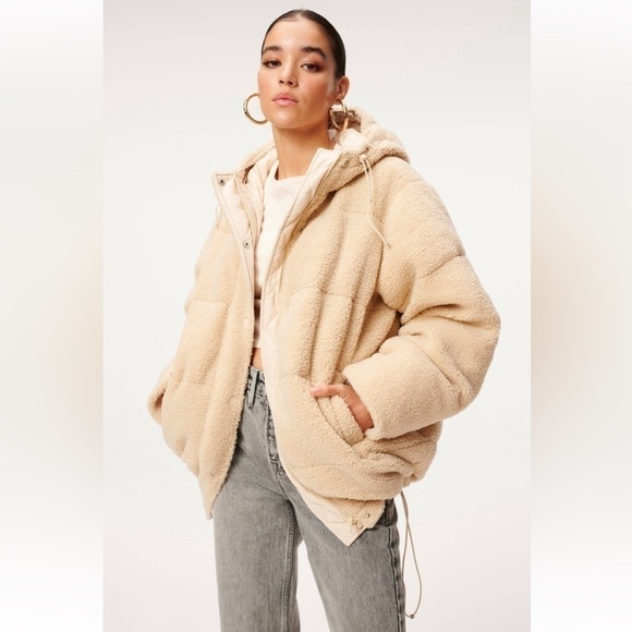 Good American Womens Essentials Sherpa Cocoon Hooded Puffer Coat Size 4 Cream XL